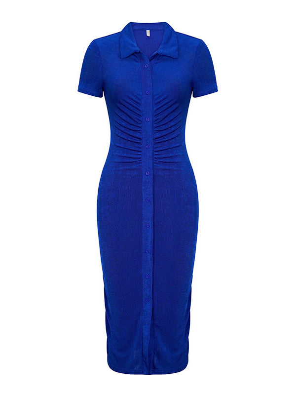 Solid Button-Front Ruched Dress