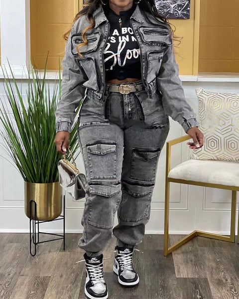 Denim Cargo Jacket & Pants Set