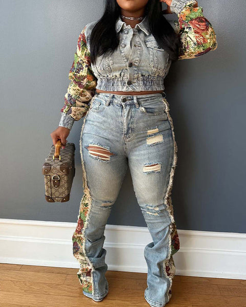 Printed Combo Denim Jacket & Pants Set