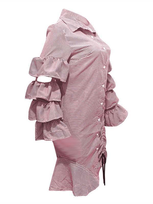 Tiered Ruffle Drawstring Stripe Dress