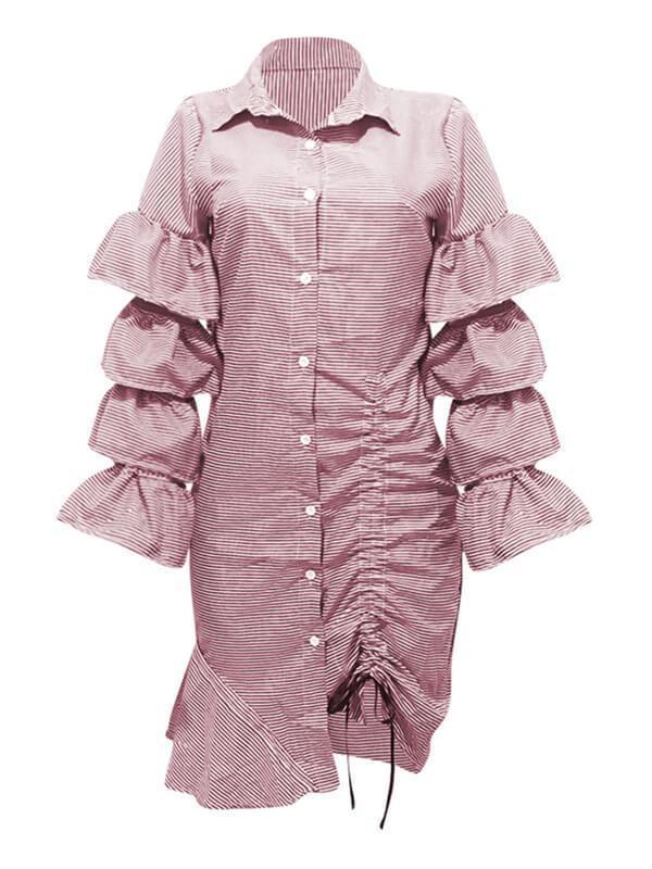 Tiered Ruffle Drawstring Stripe Dress