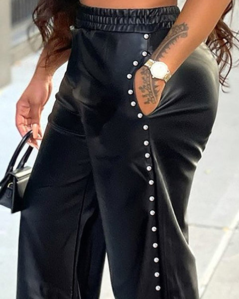 Studded Slit Faux-Leather Pants