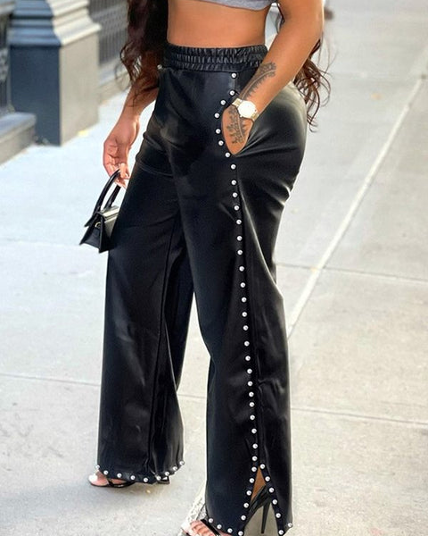 Studded Slit Faux-Leather Pants